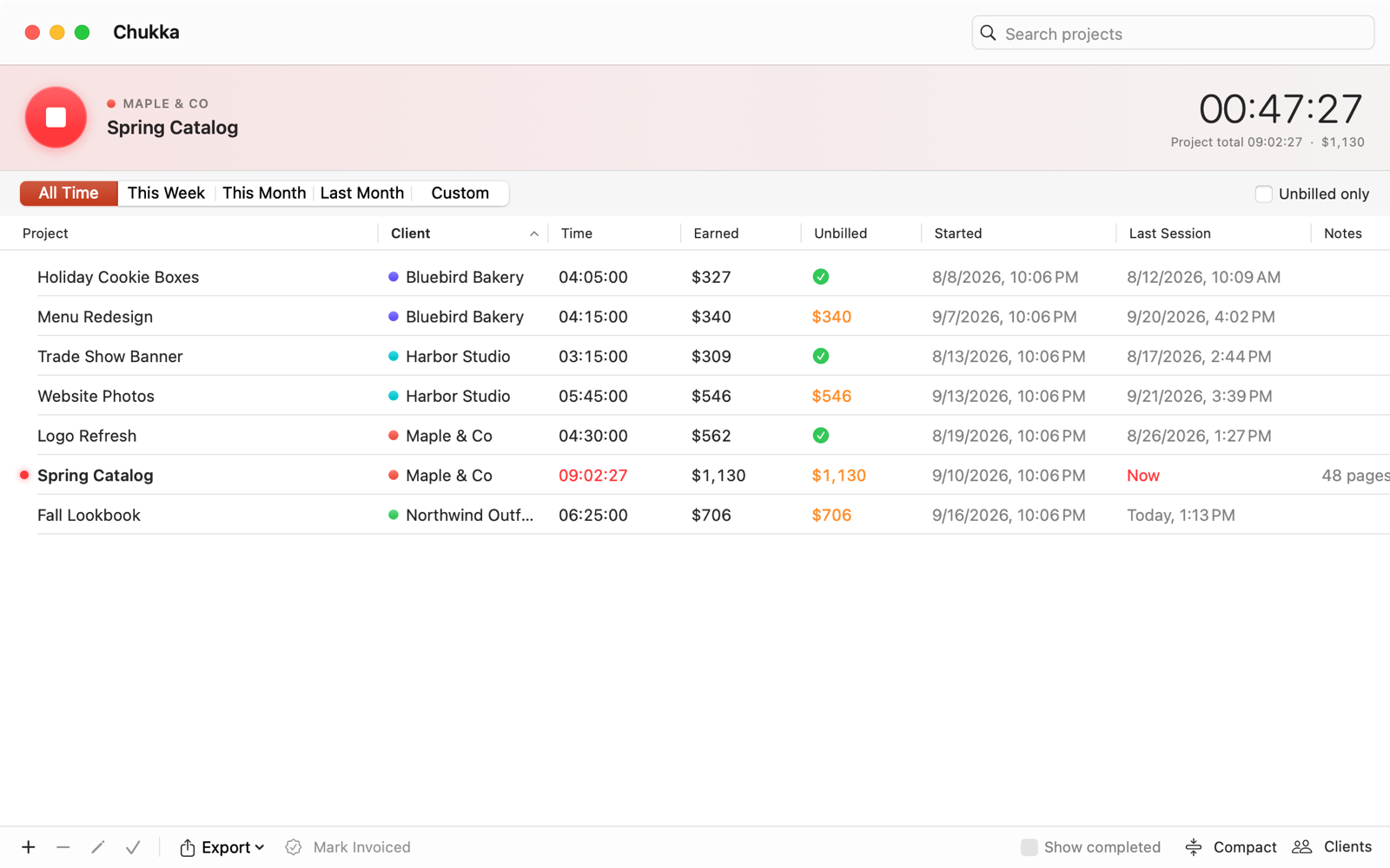 The Chukka window: a big stop button and a running timer above a list of projects with their clients, time, earnings and unbilled amounts.